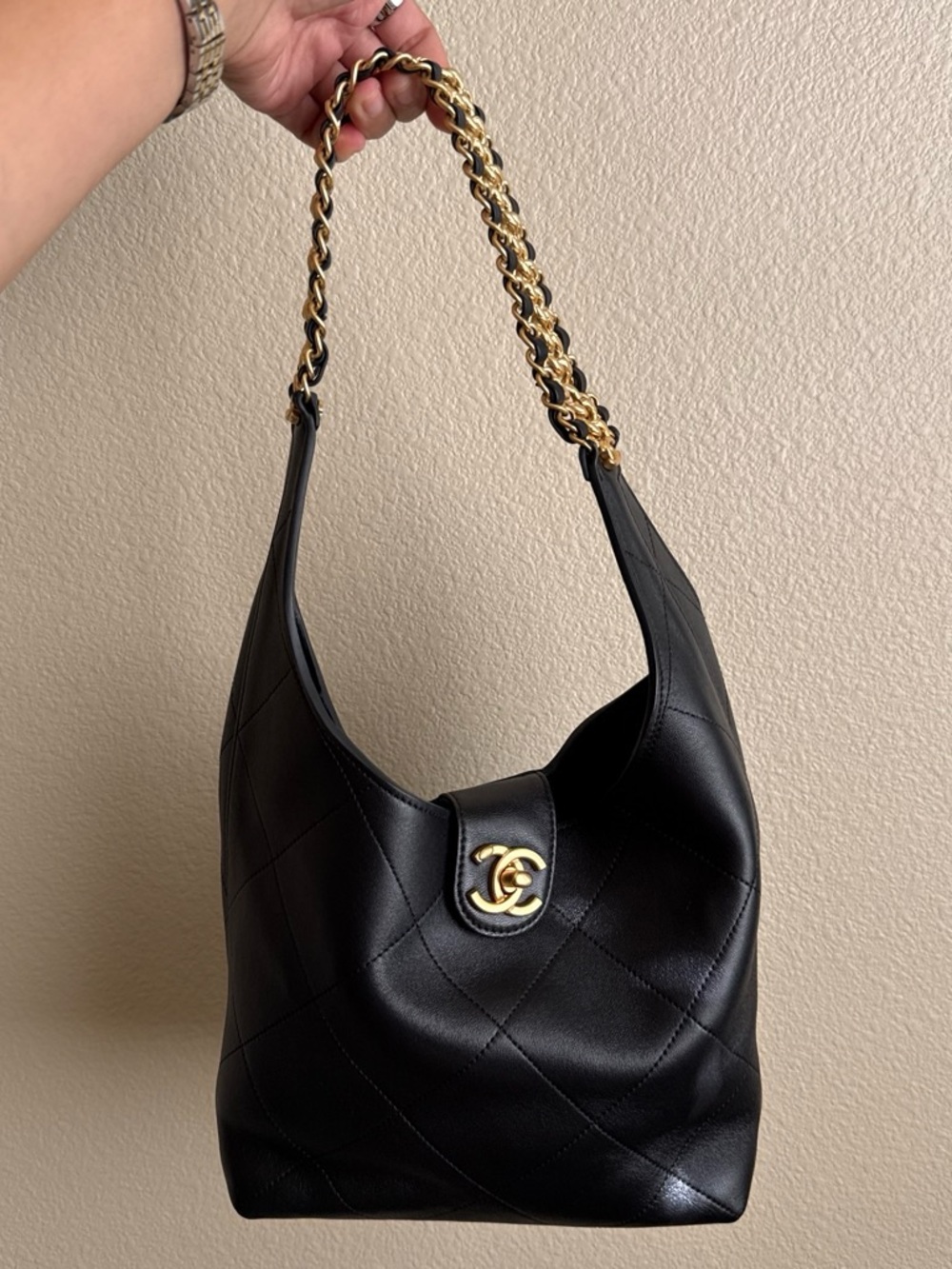 Black Quilted Leather Shoulder Hobo with Gold Chain